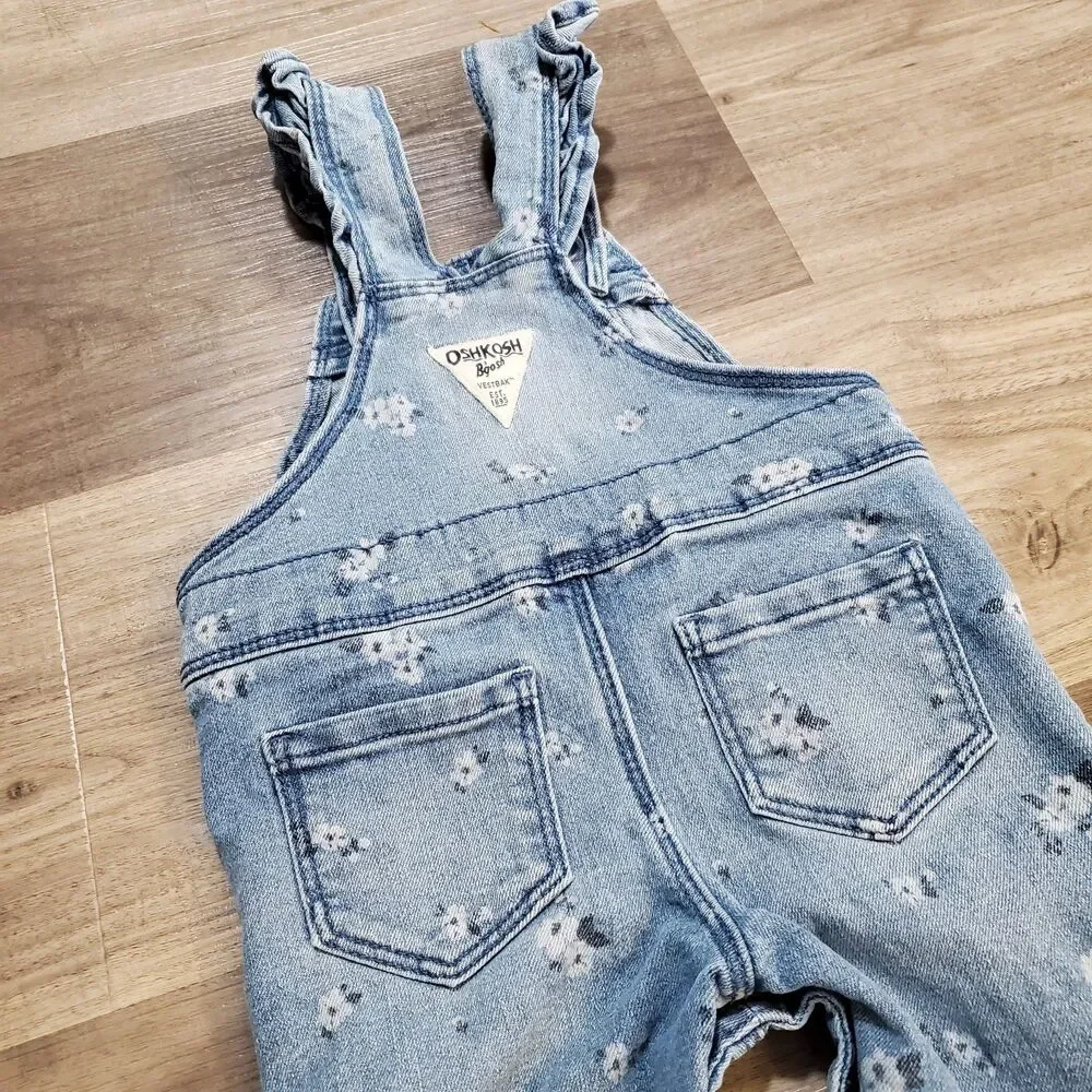Vtg Oshkosh B'gosh Denim Floral overalls size 6 months Snap Leg Ruffel Strap